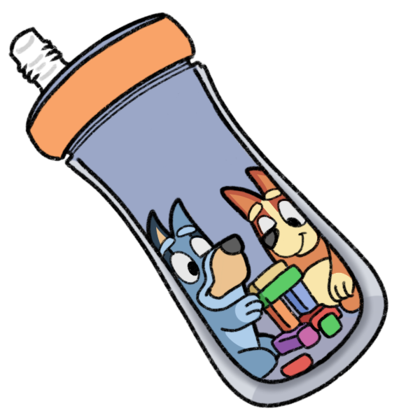 A light purple and orange sippy cup with Bluey and Bingo playing with blocks on the side. The cup is tilted to the side. 